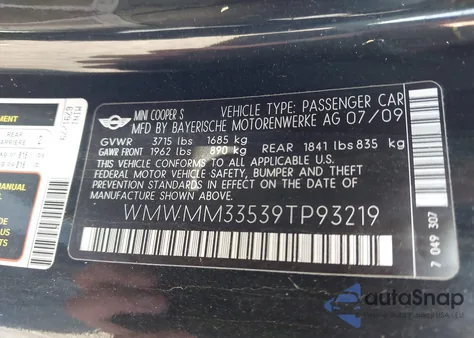 2009 Mini Cooper S Clubman S Clubman from USA, damaged, VIN WMWMM33539TP93219